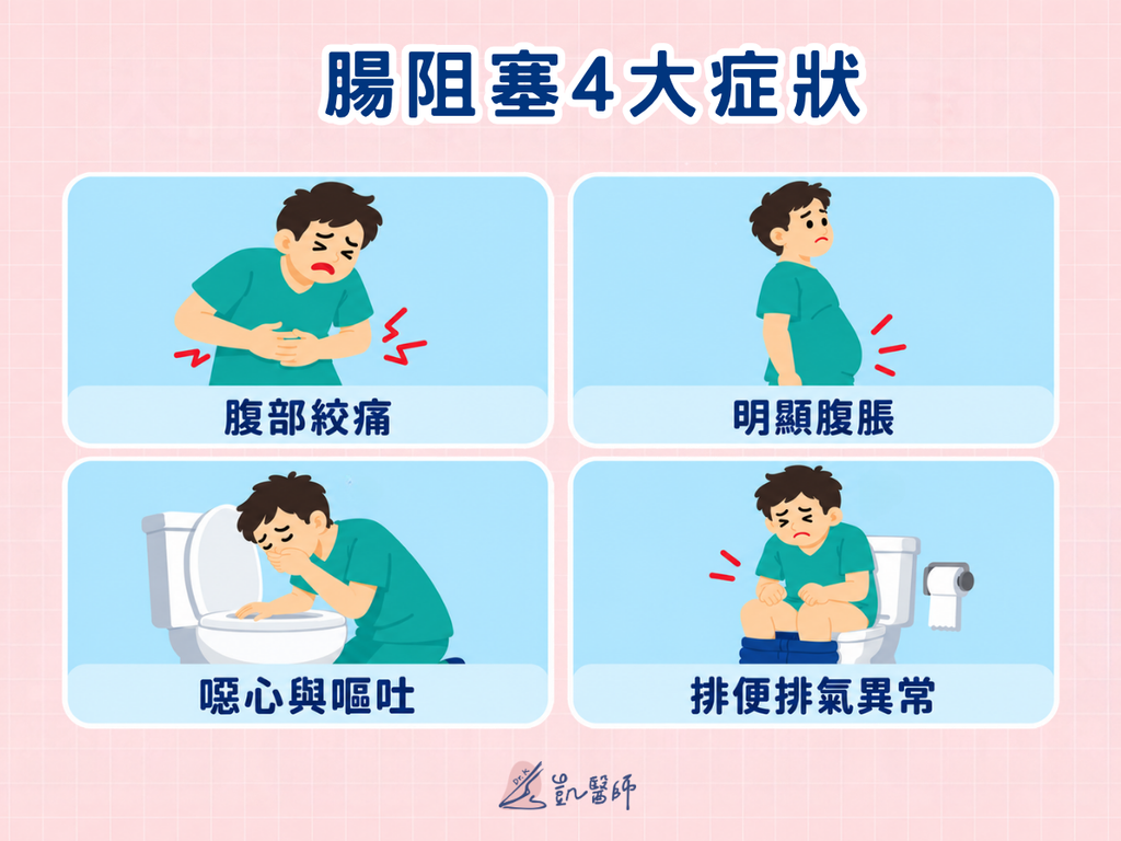 腸阻塞常見症狀圖卡，呈現腹部絞痛、腹脹、噁心與嘔吐，以及排便排氣異常